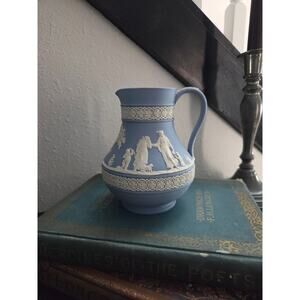 1984 Wedgwood Blue Jasperware Pitcher 5" Made in England Neoclassical Design